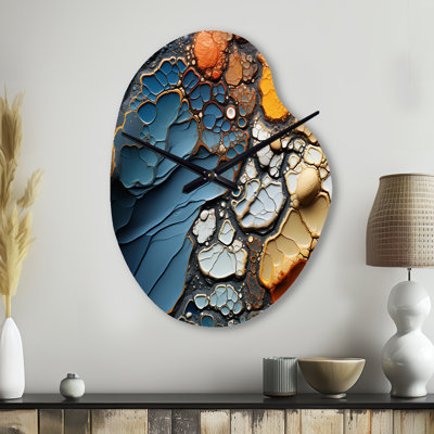 Bleu et orange, mouvements fluides - formes abstraites, horloge asymétrique en métal, horloge murale moderne de forme irrégulière