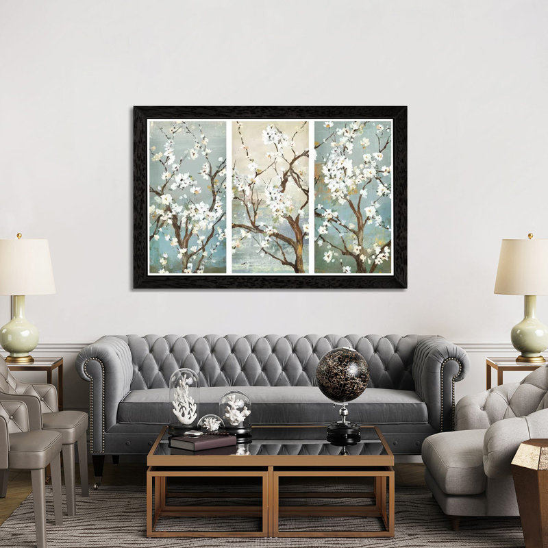 Triptych In Bloom - Painting on Canvas, 101.6 cm H x 66.04 cm W, Black Framed