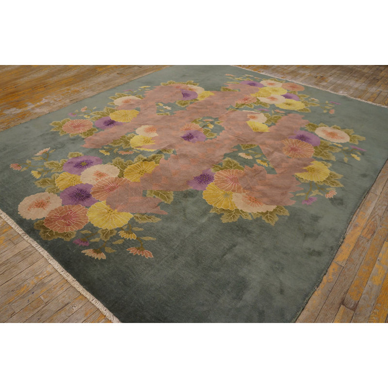 Artistic Antique Teal Color Floral Pattern Chinese Art Deco Rug