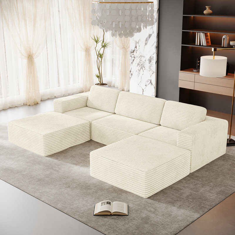 Modular Corduroy 303cm 3-seater Sofa With 2 Ottomans, No Assembly Required, With High Rebound Sponge, Beige