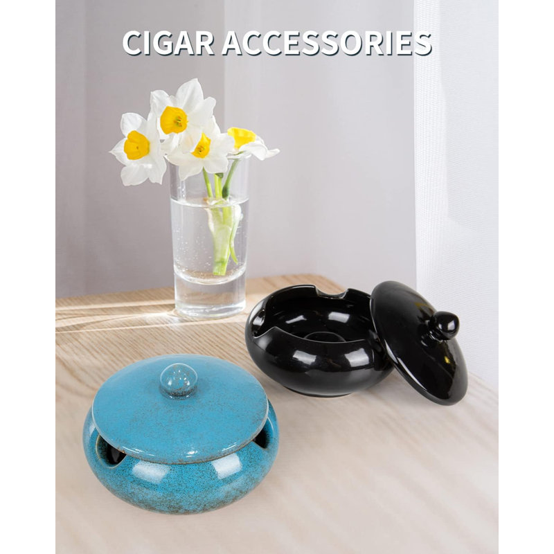 Cendrier en céramique avec couvercles Accessoires pour cigares Cendriers d'extérieur coupe-vent pour cigares Cadeau de cendrier pour homme Papa, mari, ami, cendriers pour la terrasse, intérieur, extérieur, décoration de bureau (bleu)