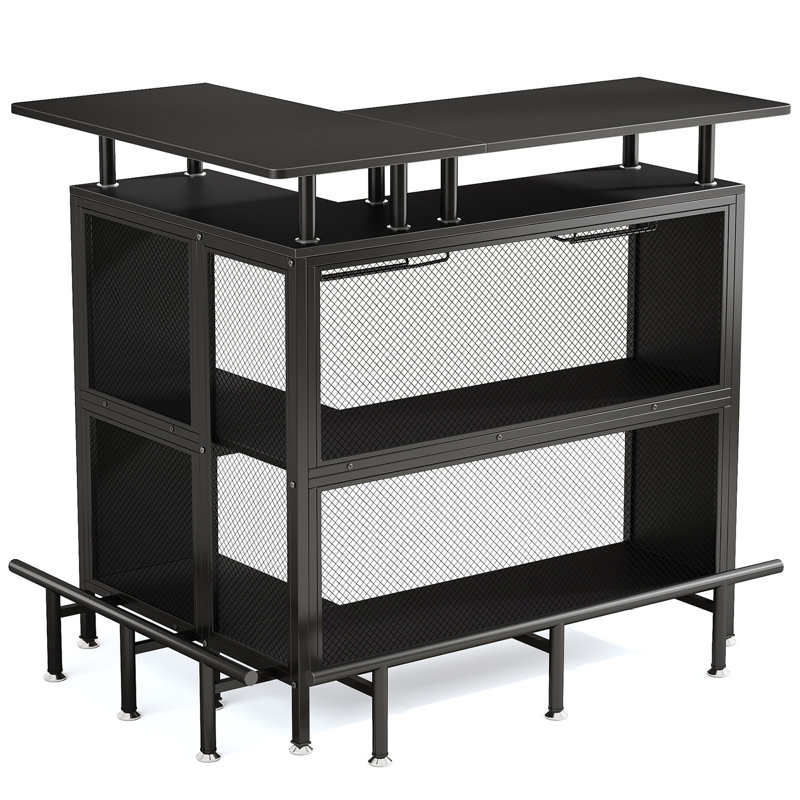 36” X 48” L-Shaped Home Bar Unit With Footrest – Modern Corner Liquor Cabinet With 2-Tier Shelves & Glass Racks(Not Including Stools)
