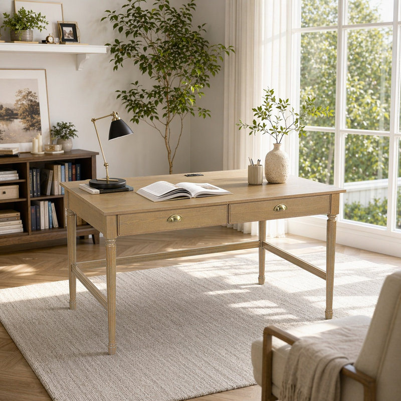 Bureau UnaNidus 60 po avec prises électriques et ports USB intégrés, bureau en bois d'hévéa avec 2 tiroirs, Natural