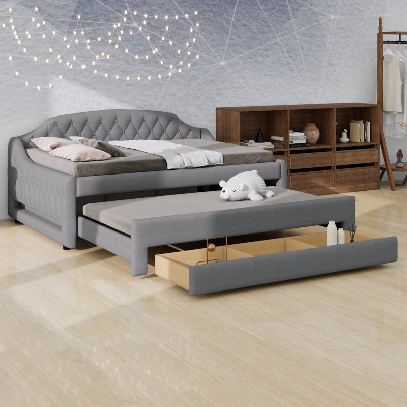 Space Efficient Upholstered  Daybed,with LED Belt Trundle and Three Storage Drawers, Gray