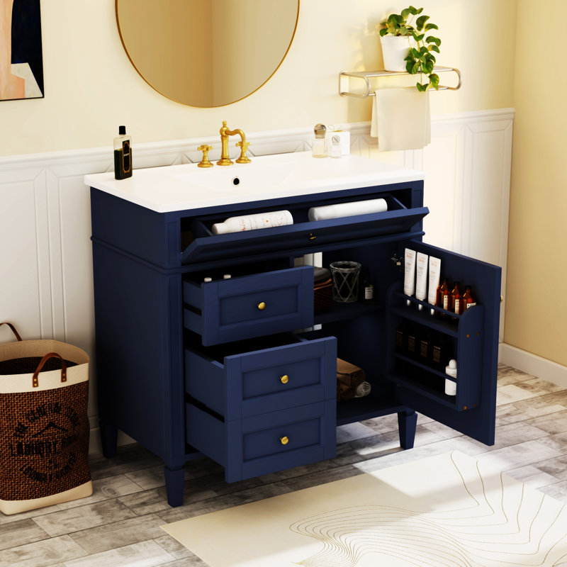 36'' Bathroom Vanity With Top Sink, Bleu, Doré