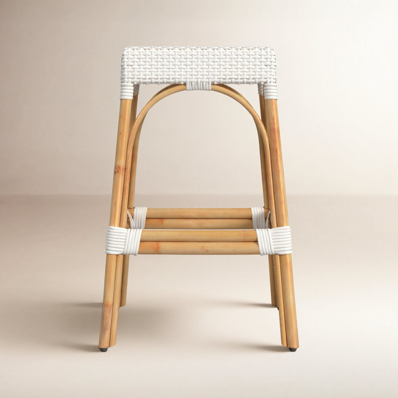 Robias Rattan Bar & Counter Stool, Glossy White/ Natural Rattan Frame, Bar Stool (30" Seat Height)