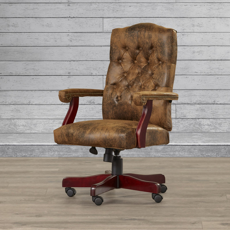 Rustic Brown Leather Executive Swivel Office Chair with Arms
