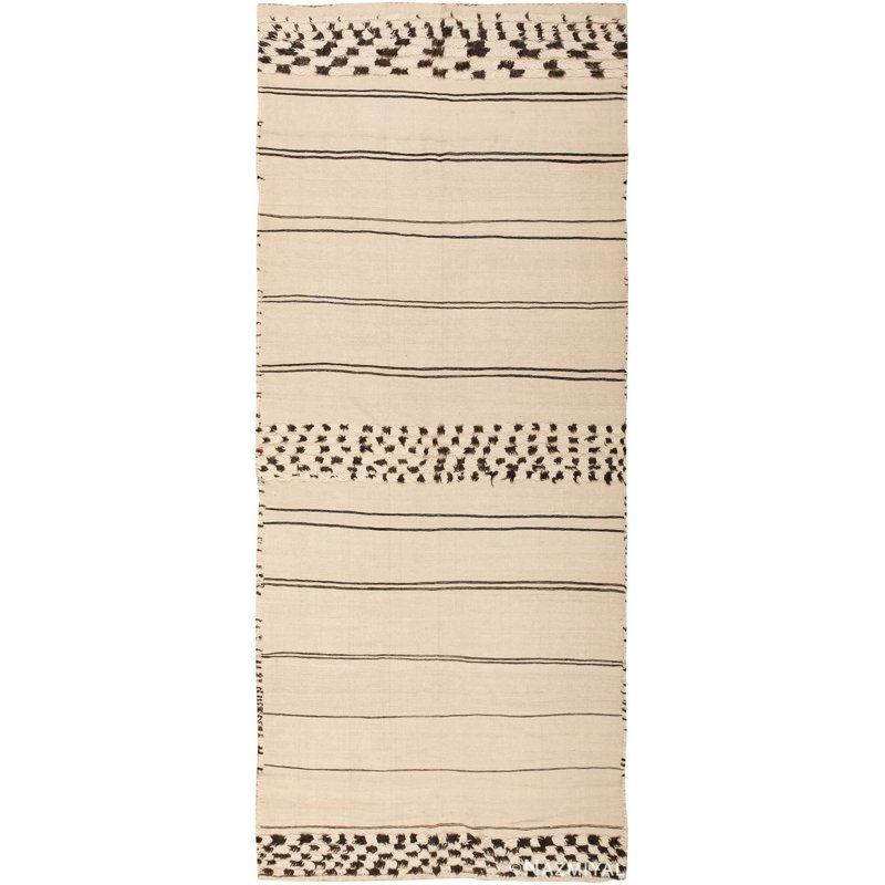 Moroccan One-of-a-Kind Runner 5'7" X 12'2" 1950s Runner Wool Area Rug in Ivory/Black