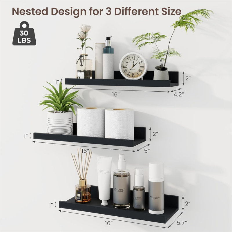 Rustic Floating Shelves Set of 3 with Lip, Picture Ledge Shelf for Nursery, Living Room – Multipurpose Storage Organizer, Bookshelf, & Photo Display Rack Black