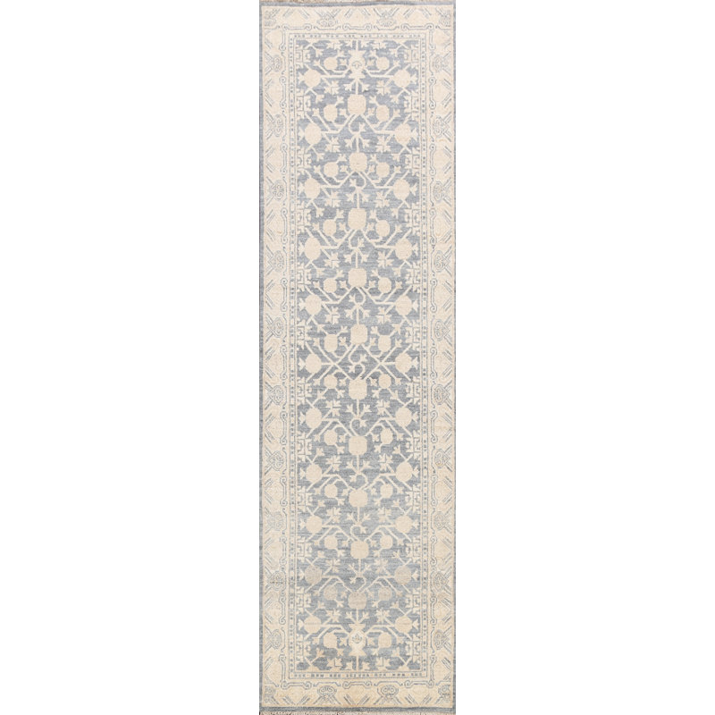 Tapis de couloir gris en Tapis décoratif laine de conception unique 2 pi 8 po x 9 pi 4 po noué à la main New Age