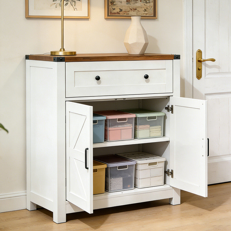 Farmhouse Barn-Door Storage Cabinet, Coffee Bar Buffet Sideboard With Drawer For Kitchen, Living Room & Dining Room