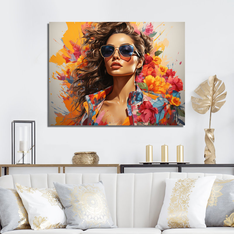 Tropica, lunettes de soleil, mode Mid-Century, portrait - Illustration de mode, art mural, Toile tendue