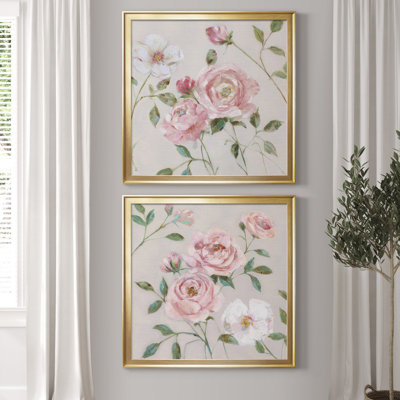 Cottage Sweet Roses I - Matted and Framed Under Glass, Set of 2, Large Living Room Wall Art