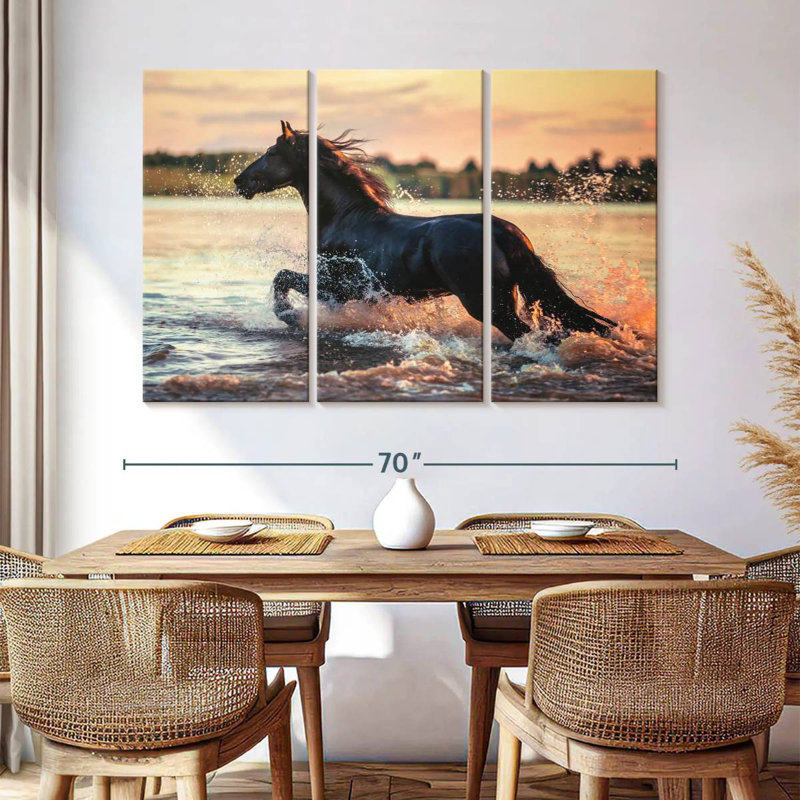 Cheval étalon frison noir, H 42 po x l 65 po