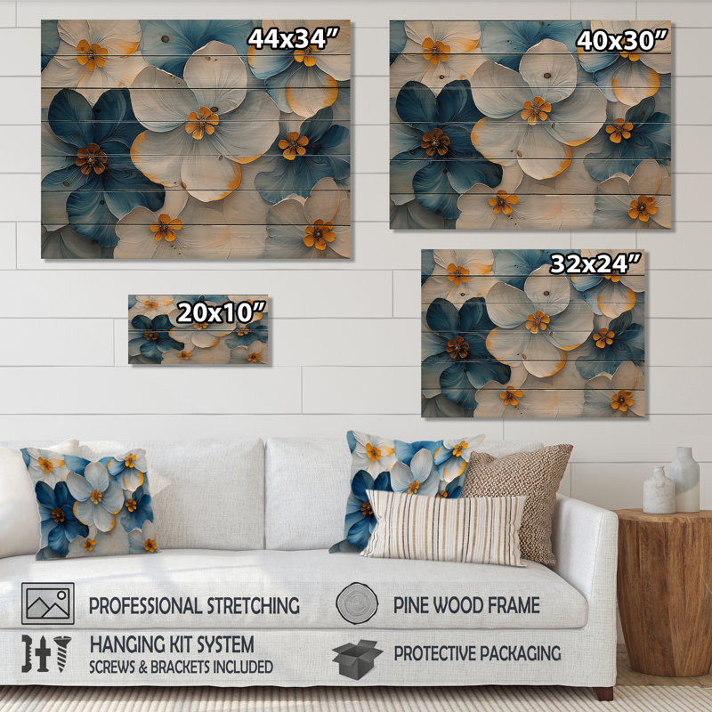 Velvet Cherry Blossoms Blue Simplicity II - Cherry Blossom Wood Wall Decor - On Natural Pine Wood, 24" H x 32" W x 0.78" D