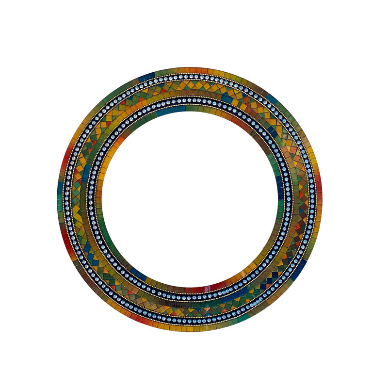 Tarrade Mosaic Mirror, Wall Art Décor – Handcrafted Decorative Wall Mirror, Autumn Green, Deep Blue, and Brown Round Mosaic Mirror, 24” Frame, 16" Mirror