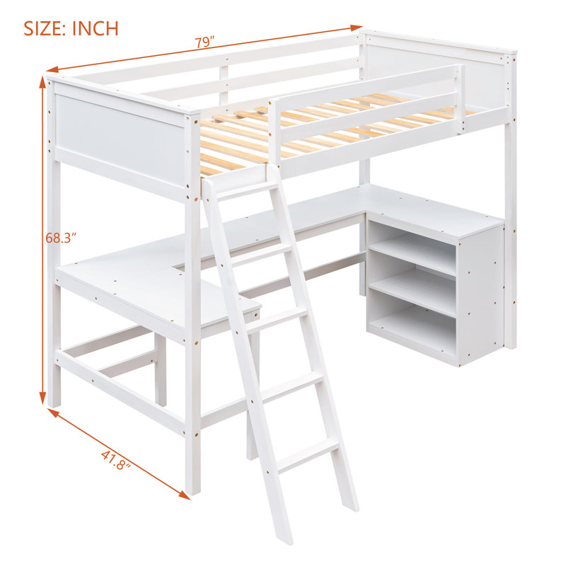 Lit mezzanine simple avec bureau et tablettes, lit mezzanine en bois blanc pour enfants, bureau et sommeil peu encombrant