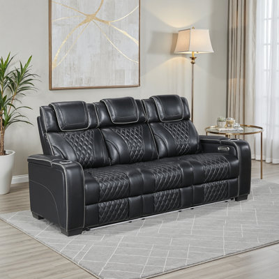 Barra 84.5" Modern & Contemporary Top Grain Leather Power Double Reclining Sofa with Power Headrests and Soothing Heat and Air Massage Functions