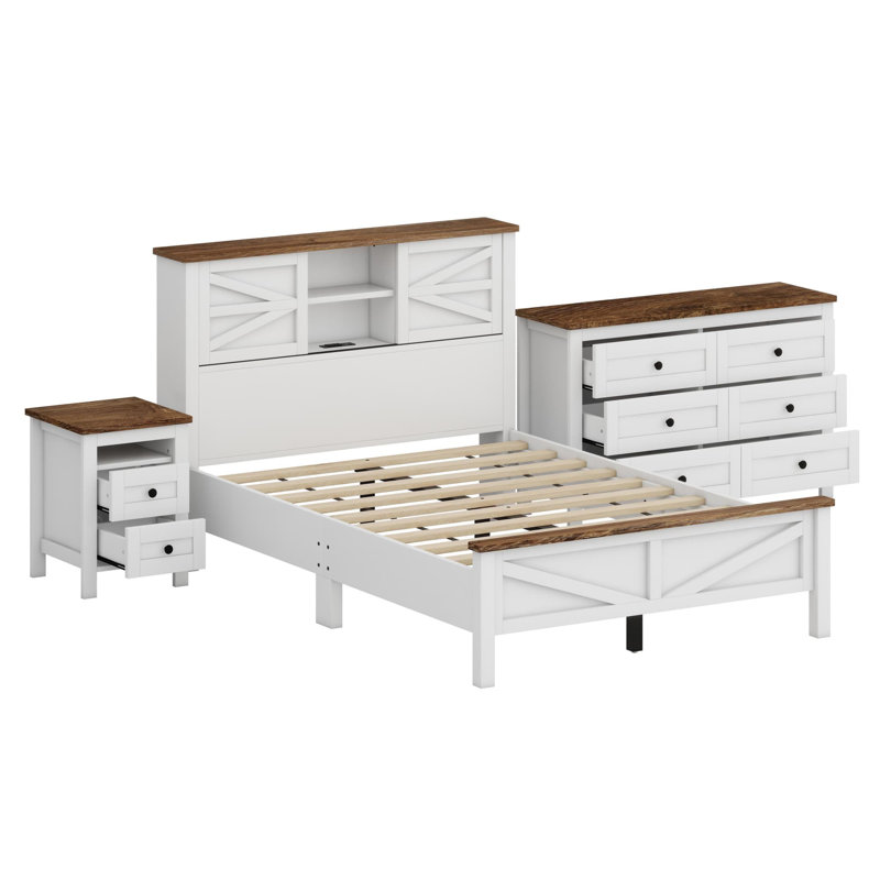 Ensemble de chambre à coucher 3 pièces avec lit plateforme Farmhouse, Blanc / Brun