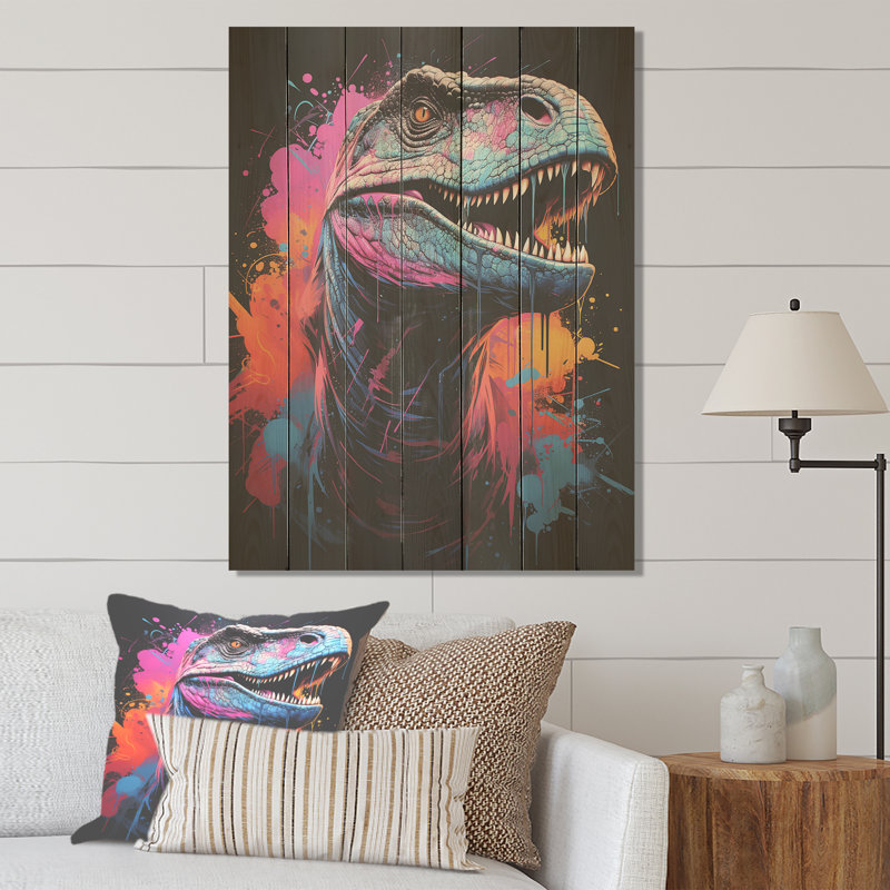 Portrait de dinosaure préhistorique bleu et mauve - dinosaure sur bois, H 20 po x l 10 po