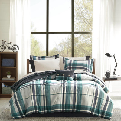 Grand lit, 9 pièces, bleu sarcelle / noir, écossais, microfibre, ensemble d'édredon et de draps, draps unis assortis, microfibre écossaise sarcelle / noire lavable à la machine avec accessoires de lit - rembourrage, contraste