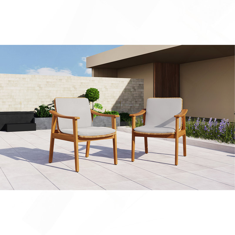 Ensemble de 2 chaises de salle à manger d'extérieur, structure en bois d'acacia couleur teck, osier PE brun, coussin imperméable gris, idéal pour les patios et les jardins