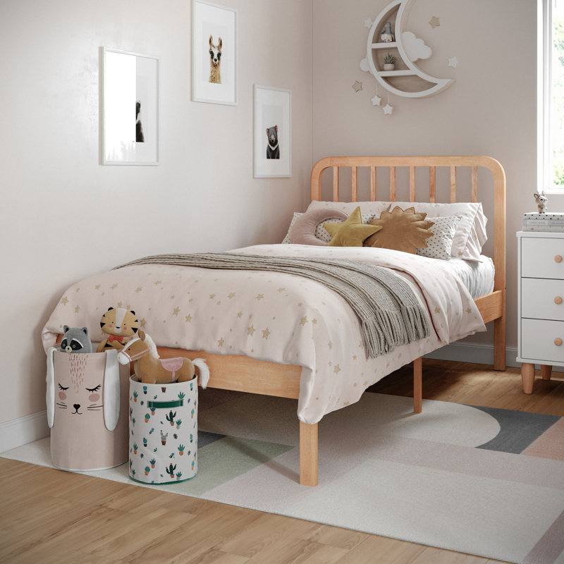 Aurey Wooden Platform Bed Frame With Slatted Headboard And Wood Slat Foundation, Tan, Twin
