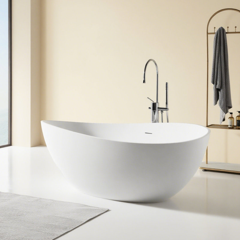 63" Freestanding Luxury Soaking Bathtub In Stone Resin, Matte White, Center Drain, Comfortable Relaxing Zone, Low - Maintenance Resin Bathtub, Wide Stretch Room, Heat Retention, Quick Drain