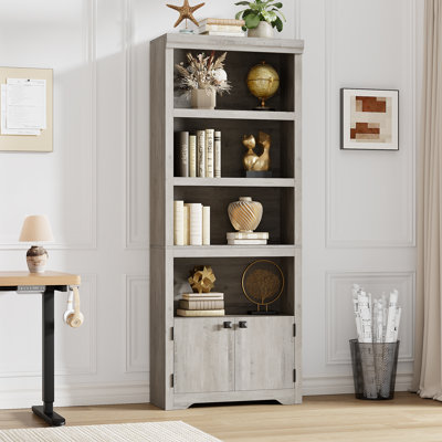 5 Tier Farmhouse Bookshelf 69" Tall with 2 Doors & Adjustable Shelves Anti-Slip Storage Rack for Home Office Living Room Library, Grey