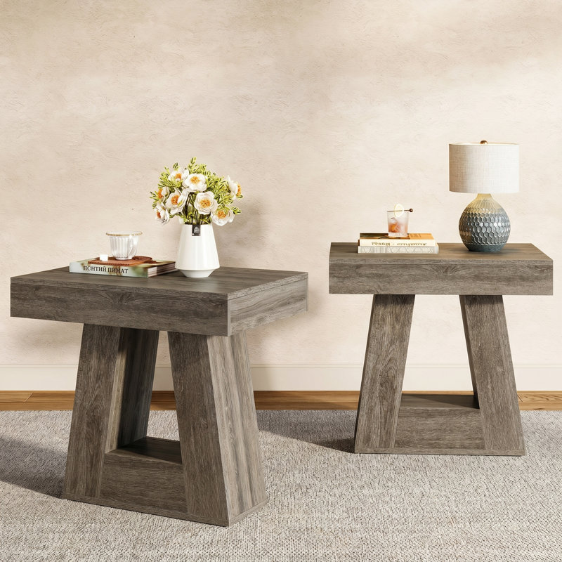 Ensemble de 2 tables d'appoint modernes à 2 niveaux de 24 po, tables de bout étroites en bois avec base trapézoïdale et finition en grain de bois de ferme