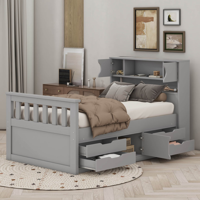 Twin Size Captain Platform Bed Frame With Shelves And Drawers