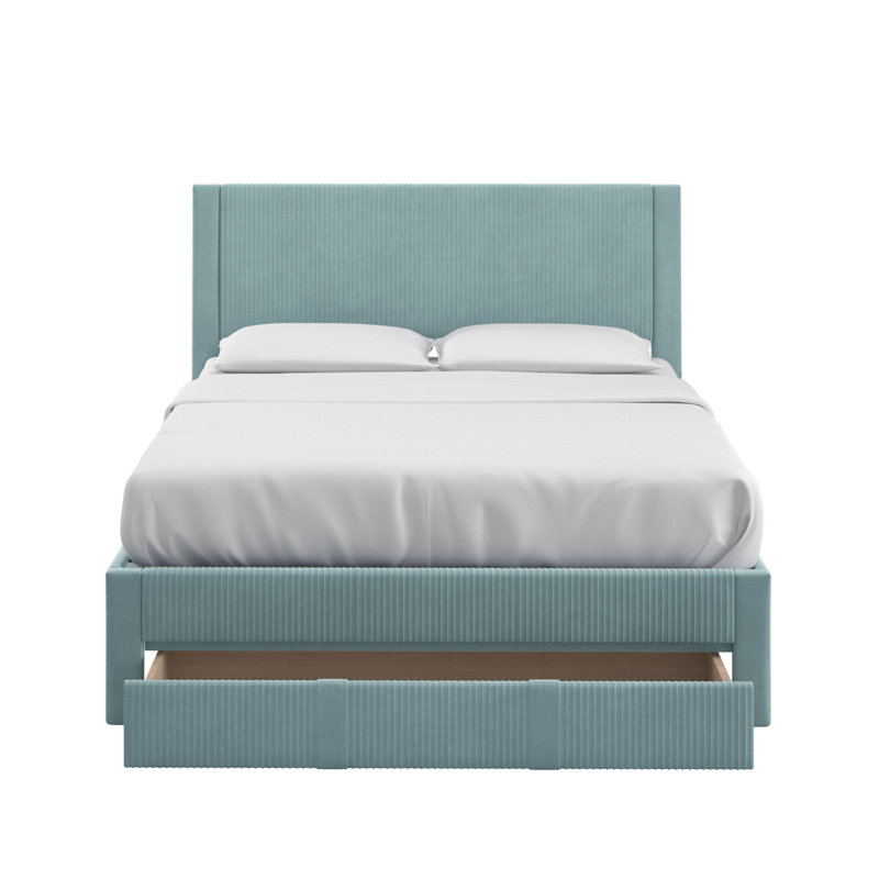 Sloan Pleated Velvet Storage Queen Platform Bed With Drawer, Green