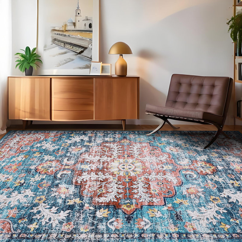 9 x 12 ft Polyester  Imitation Blue Rectangular Area Rug Flower Printed Persian Foldable Washable for Hallway Bathroom Entryway Kitchen Office