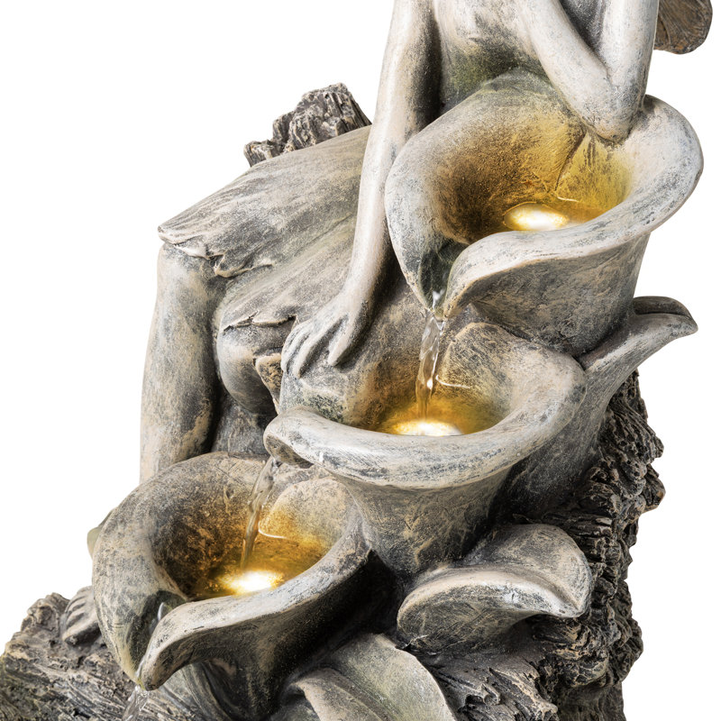 22.75"H 4-Tiered Concrete Fairy Polyresin Outdoor Fountain With Pump And LED Light (KD)
