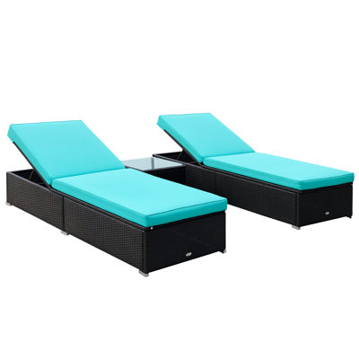 Chaise Lounge Chair Set Of 2 With 5 Angle Backrest, Outdoor Coffee Table, Water Repellent Cushions, PE Rattan Wicker Poolside Chairs, 3-Piece Pool Furniture Set, Dark Brown/Turquoise