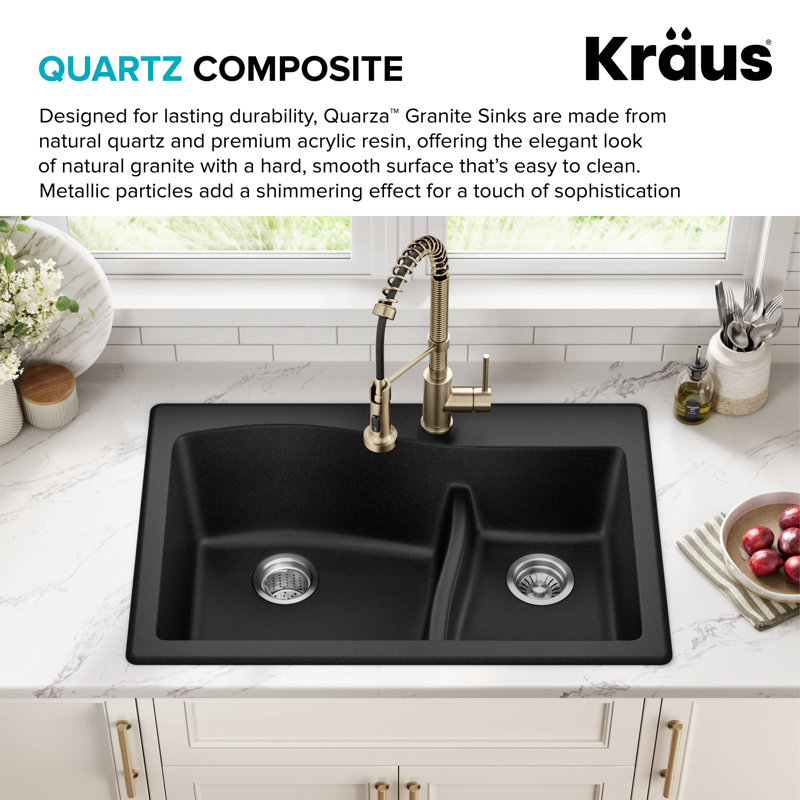 KRAUS Quarza™ 33" L Dual Mount 60/40 Double Bowl Granite Kitchen Sink, Black