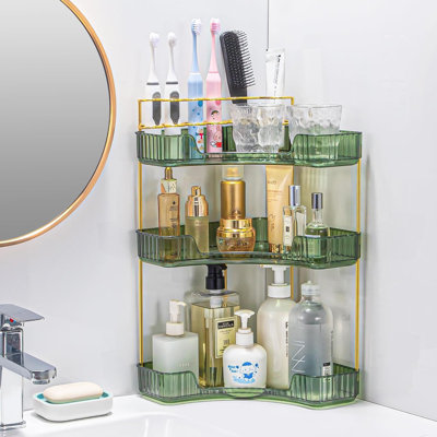 Organisateur de salle de bain d'angle à 3 niveaux avec porte-brosse intégré - Rangement spacieux pour le maquillage, les soins de la peau et les parfums - Conception ouverte peu encombrante convenant à un meuble-lavabo, une commode et une baignoire