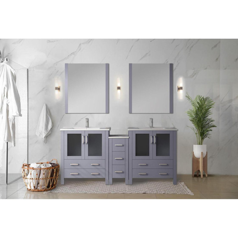 Meuble-lavabo double gris foncé de 72 po X P 18,25 po D, avec armoires latérales, plateau en céramique blanche et Miroirs