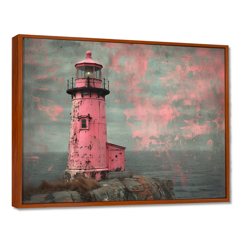 Art sur toile, phare rose et gris rétro, Cadre flottant brun, H 16 po x l 32 po