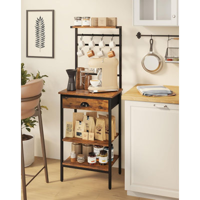5-Tier Coffee Bar Station With Adjustable Shelves, Fabric Drawers & 8 S-Hooks - Rustic Kitchen Storage Cabinet For Living Room Or Dining Area