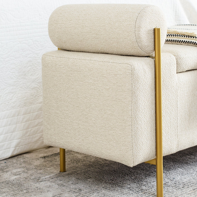 Upholstered Linen Storage Bench In Beige With Cylindrical Arms And Solid Iron Foundation For Living Room Bedroom Hallway Resilient Leg Support System