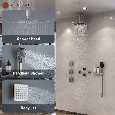 AquaRhapsody Ceiling Mounted Thermostatic Shower System with 4 Body Jets and Storage Shelf