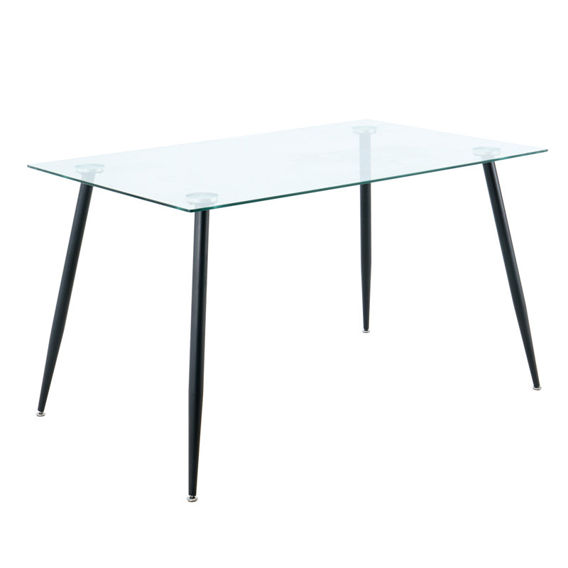 Table de salle à manger rectangulaire en verre trempé de 51 po pour cuisine moderne, plateau de table transparent avec pieds en métal noir et ensemble de pieds antidérapants