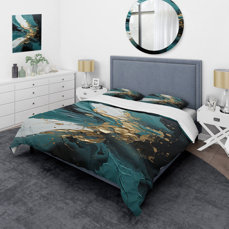 Ensemble de housse de couette or et vert en marbre blanc III - peinture abstraite