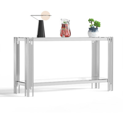 55" Tempered Glass Coffee Table for Living Room Modern Center Table with Stainless Steel Frame,Elegant Rectangular Accent Cocktail Sofa Table for Home by Mercer41