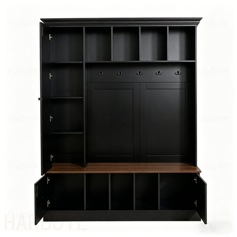 Arbre d'entrée 62,2 po avec banc de rangement pour chaussures, porte-manteau d'entrée avec 5 crochets, armoire à tablette réglable avec tiroirs