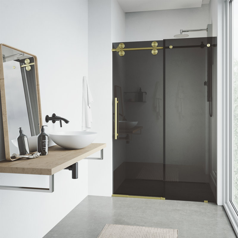 Elan 56-60" W x 74" H Sliding Frameless Shower Door with 3/8" Tinted Glass, Matte Brushed Gold