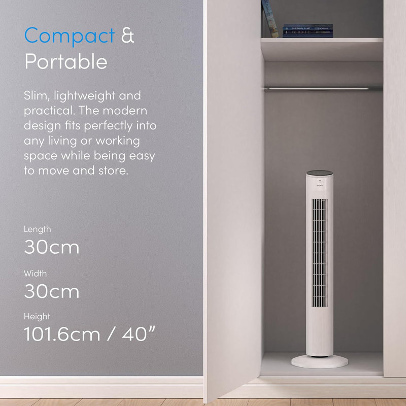 Emperial 40" Tower Fan with Remote Control - Oscillating Bladeless Cooling Fan, Portable 7 Hour Timer, 3 Modes & 3 Speeds - White