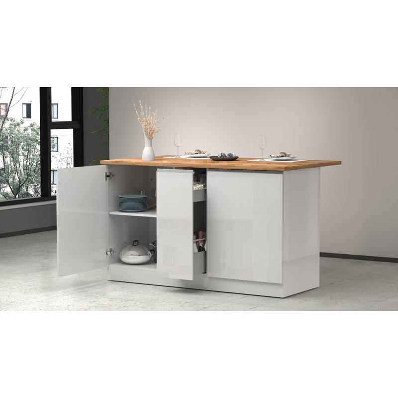 Rafie Wood Kitchen Island, Oak Wood, White