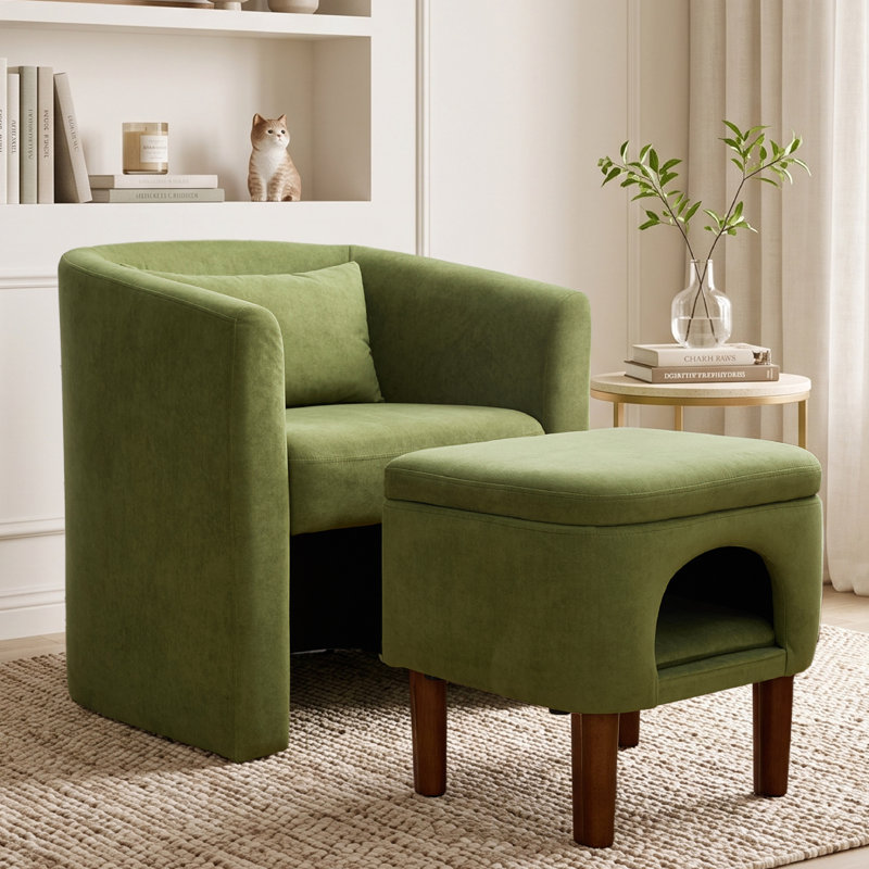 Fauteuil d'appoint rembourré en tonneau avec repose-pieds pour animal de compagnie, Vert